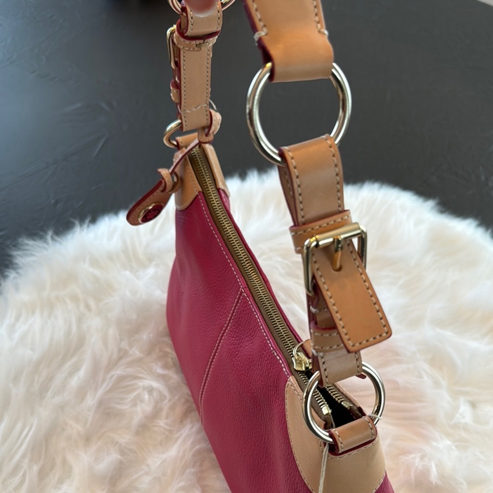NWT Dooney & Bourke Small O-Ring Slouch Bag Fuchsia and Tan Leather - Picture 5 of 16